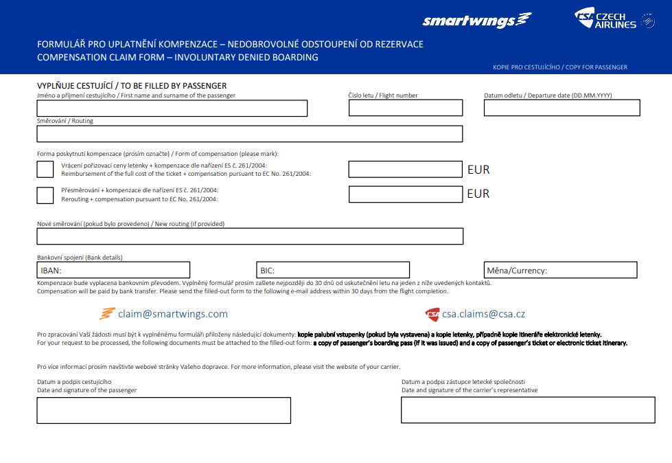 Na webu Smartwings je dostupný formulář kompenzace za zpožděný let.