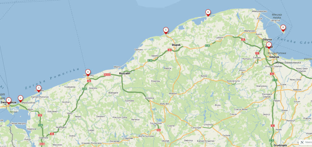 Mapa oblíbených polských destinací, které jsou ideální na dovolenou u Baltského moře.